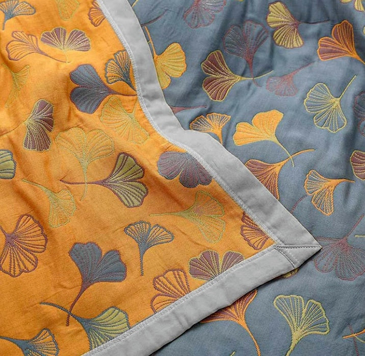 Reversible Cotton Throw Blanket with Botanical Leaf Print – Yellow & Blue Double-Sided Quilt for Couch, Bed, Picnic & Wall Hanging