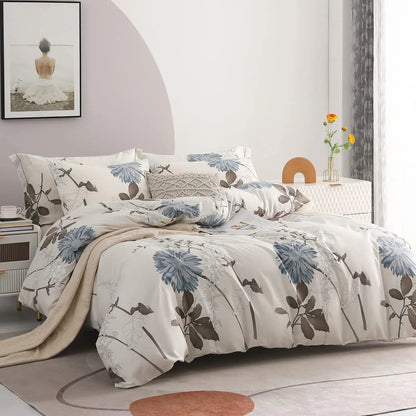 Botanical Cotton Comforter Cover Set with Reversible Floral Print for King Queen Single Beds – 4-Piece Bedding Kit with Pillow Shams