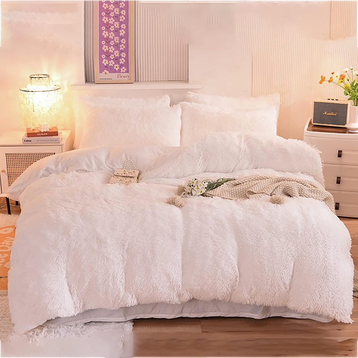 Reversible Faux Fur Duvet Cover Set - Plush Shaggy & Velvet 4-Piece Bedding - Full Queen King