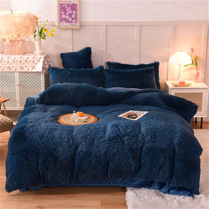 Reversible Faux Fur Duvet Cover Set - Plush Shaggy & Velvet 4-Piece Bedding - Full Queen King