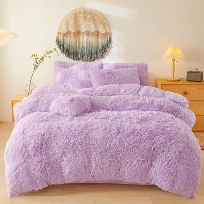 Reversible Faux Fur Duvet Cover Set - Plush Shaggy & Velvet 4-Piece Bedding - Full Queen King