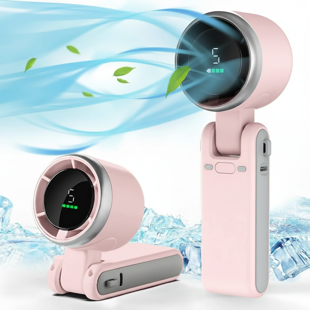Compact Rechargeable Handheld Fan with 5 Speed Settings & Foldable Design for Travel, Outdoors & Commute