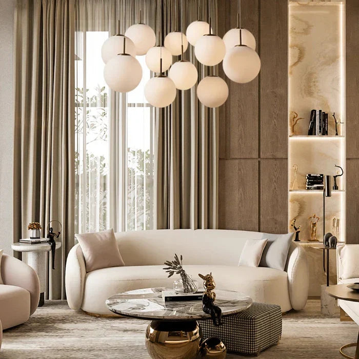 Modern Hanging Linear Chandelier with Hand-Blown Glass Globes & LED Lights for Dining Room & Kitchen Island