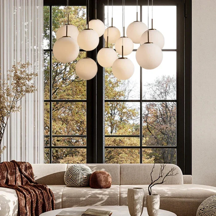 Modern Hanging Linear Chandelier with Hand-Blown Glass Globes & LED Lights for Dining Room & Kitchen Island
