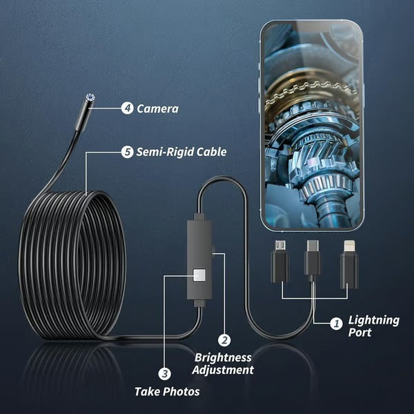 HD Video Borescope Camera 16 Foot Flexible Cable LED Lights Pipe Drain Engine Inspection Tool Smartphone Compatible