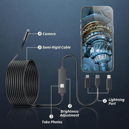 HD Video Borescope Camera 16 Foot Flexible Cable LED Lights Pipe Drain Engine Inspection Tool Smartphone Compatible