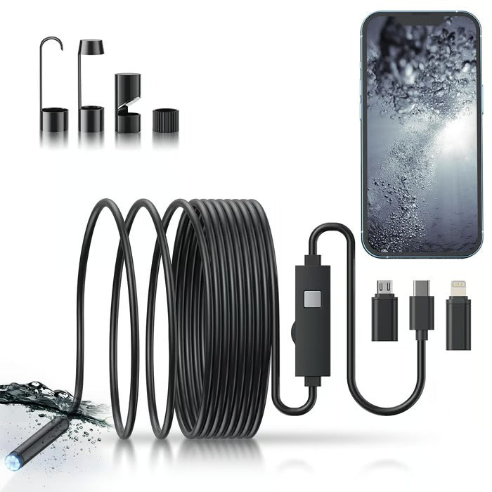 HD Video Borescope Camera 16 Foot Flexible Cable LED Lights Pipe Drain Engine Inspection Tool Smartphone Compatible