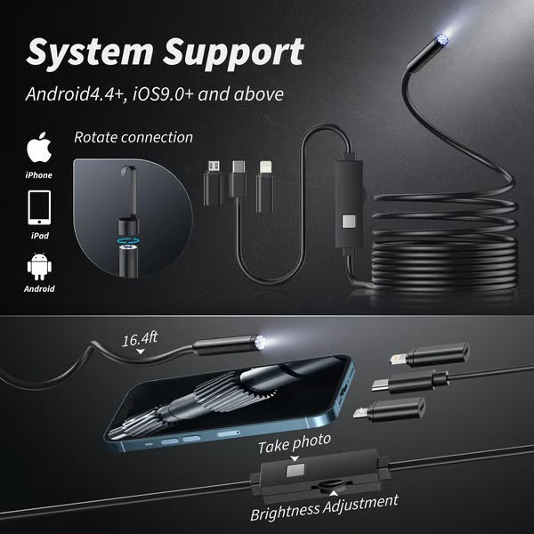 HD Video Borescope Camera 16 Foot Flexible Cable LED Lights Pipe Drain Engine Inspection Tool Smartphone Compatible