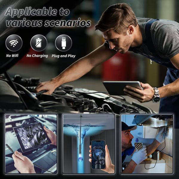 HD Video Borescope Camera 16 Foot Flexible Cable LED Lights Pipe Drain Engine Inspection Tool Smartphone Compatible
