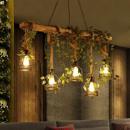Five-Light Suspended Wood Fixture with Metal Guard for Dining Rooms, Kitchens & Living Spaces – Farmhouse Workshop Look