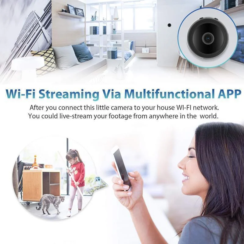 Compact WiFi Security Camera with 1080p HD Video, Infrared Night Vision, Magnetic Mount for Indoor Surveillance