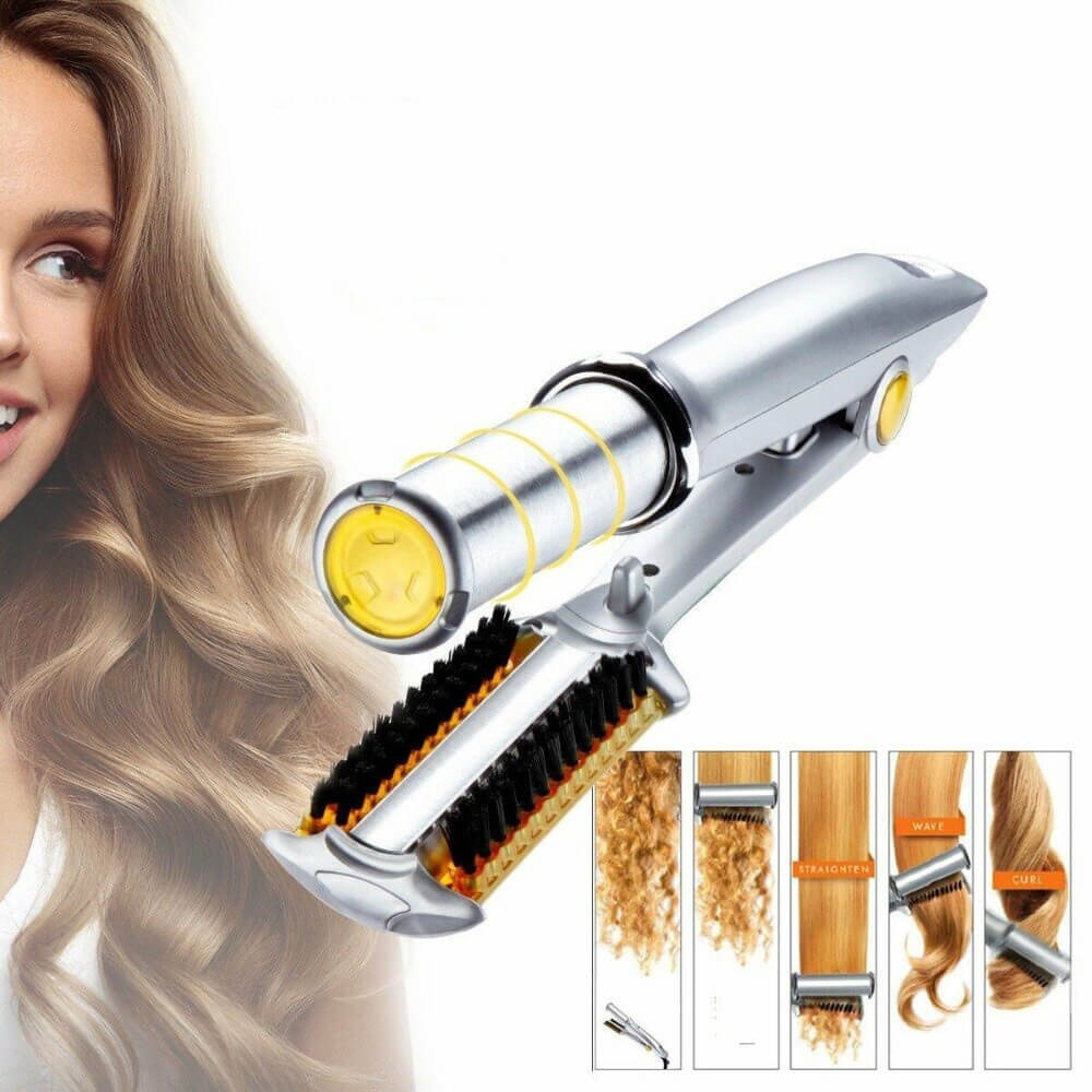 Dual-Action Rotating Hair Styling Tool – Curls & Straightens Wet or Dry Hair with Ceramic Barrel & Ionic Bristles for Salon Blowouts at Home