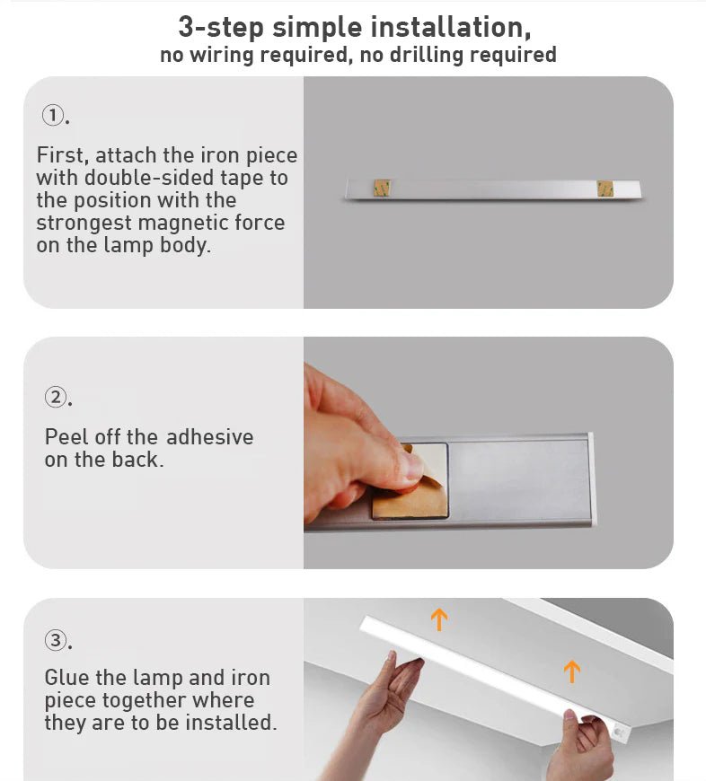 Motion Sensor LED Under Cabinet Light Rechargeable USB Powered Slim Aluminum Bar for Kitchen Closet Pantry Hallway 3 Color Temps Wireless In
