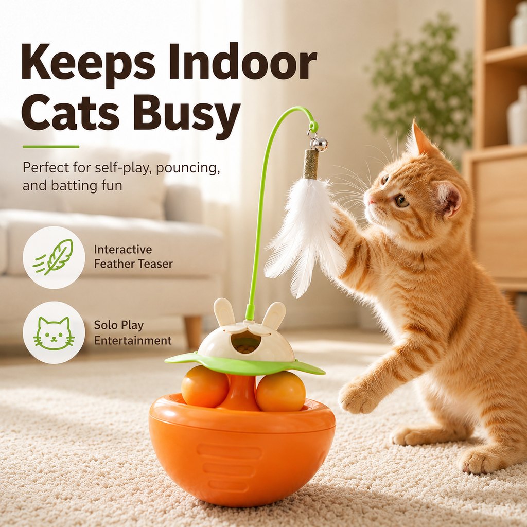 Ortekor Interactive Wobble Cat Toy for Indoor Cats - Treat-Dispensing Feather Teaser That Keeps Cats Busy