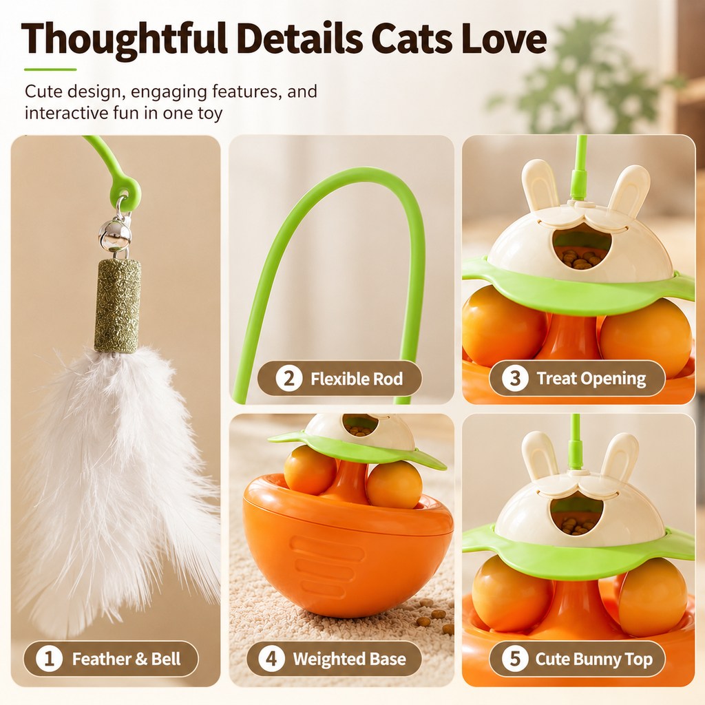 Ortekor Interactive Wobble Cat Toy for Indoor Cats - Treat-Dispensing Feather Teaser That Keeps Cats Busy