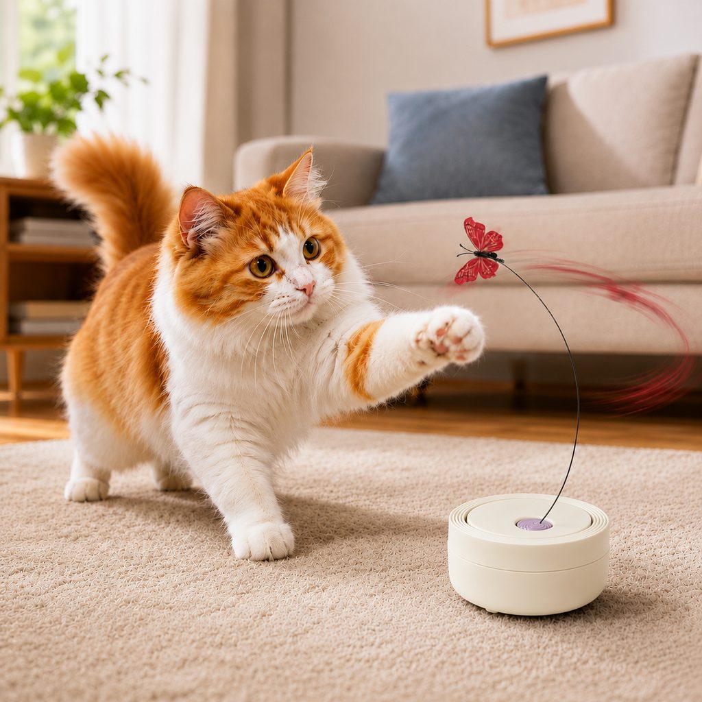 Ortekor FlutterFly 360 Automatic Butterfly Cat Toy for Indoor Cats - Hands-Free Self-Play Teaser to Beat Boredom