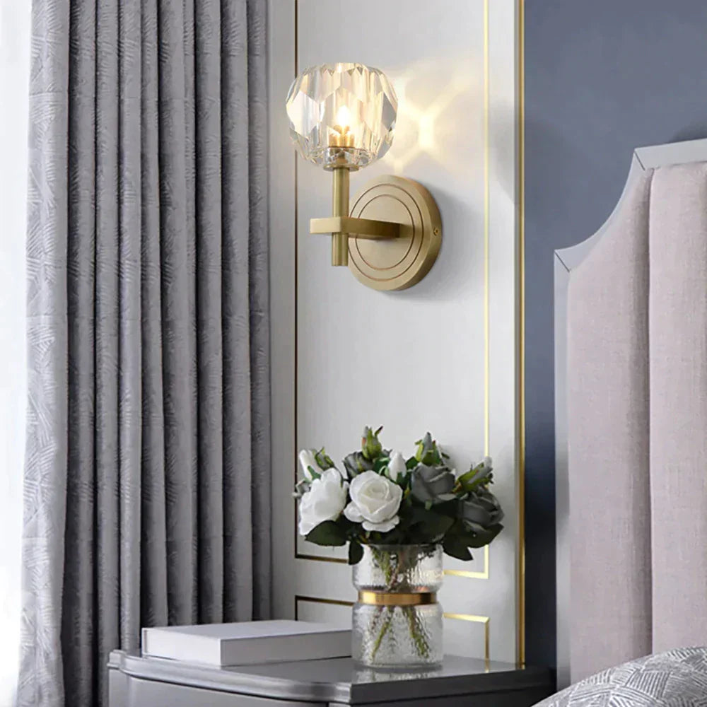 Crystal Wall Sconce with Copper Frame – Warm White LED Light Fixture for Living Room, Bedroom & Hallway