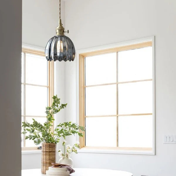 Glass Drop Ceiling Light E27 Socket Amber Shade for Kitchen Island Dining Room Hallway Living Room Retro Tulip Hanging Fixture Modern Farmho