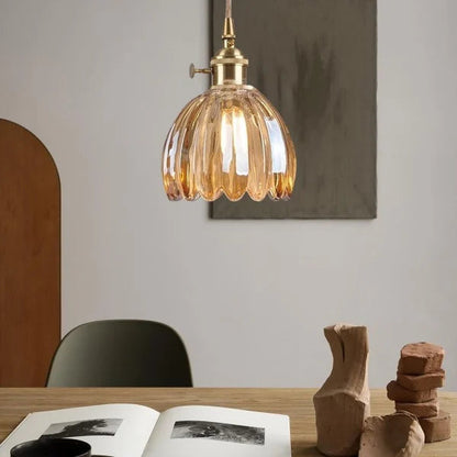 Glass Drop Ceiling Light E27 Socket Amber Shade for Kitchen Island Dining Room Hallway Living Room Retro Tulip Hanging Fixture Modern Farmho