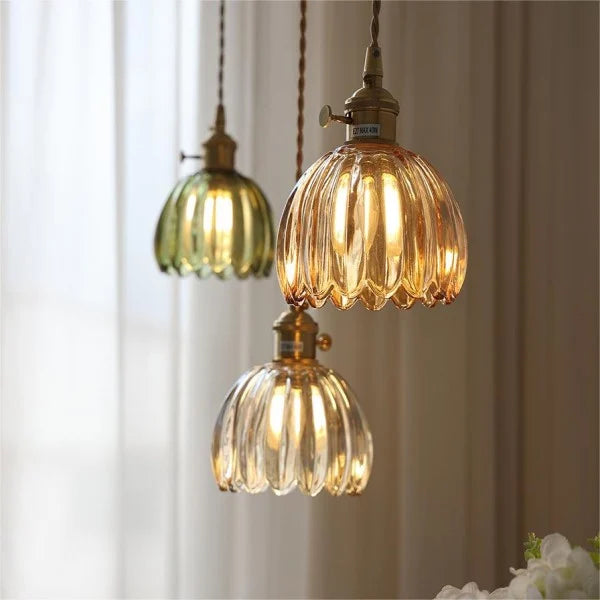 Hanging Ceiling Light Fixture with Floral Glass Shade E27 Socket for Kitchen Dining Room Bedroom Ambient Illumination Decor