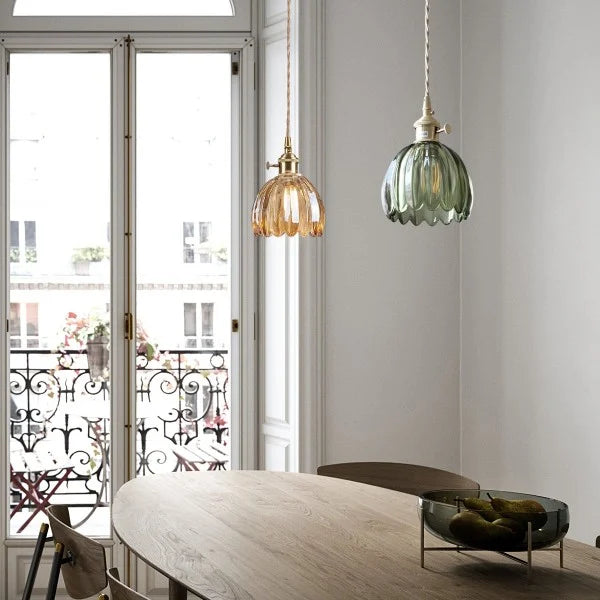 Glass Drop Ceiling Light E27 Socket Amber Shade for Kitchen Island Dining Room Hallway Living Room Retro Tulip Hanging Fixture Modern Farmho