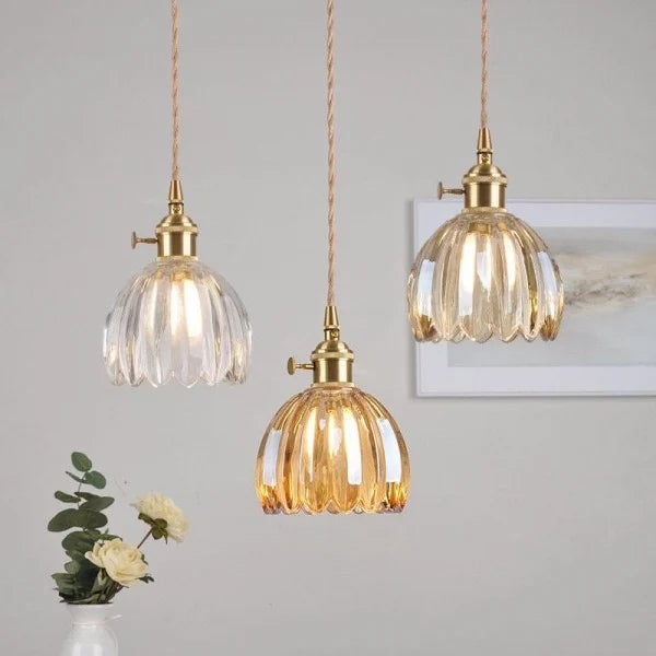 Hanging Glass Petal Shade Ceiling Fixture 4.7 Inches Clear for Kitchen Island Breakfast Nook Bedroom Bedside E27 Socket Ambient Dining Room