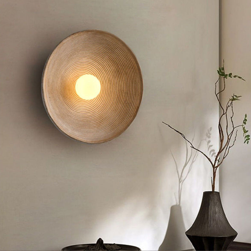 Round Wood & Resin Wall Sconce Light – LED Compatible E27 Socket – Minimalist Asian-Inspired Design for Living Room, Dining Room, Bar – 8