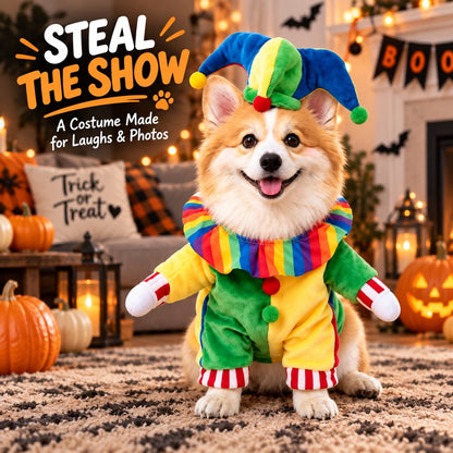 Ortekor Halloween Jester Clown Dog Costume with Hat & Fake Arms - Funny Photo-Ready Pet Outfit for Trick-or-Treat Parties