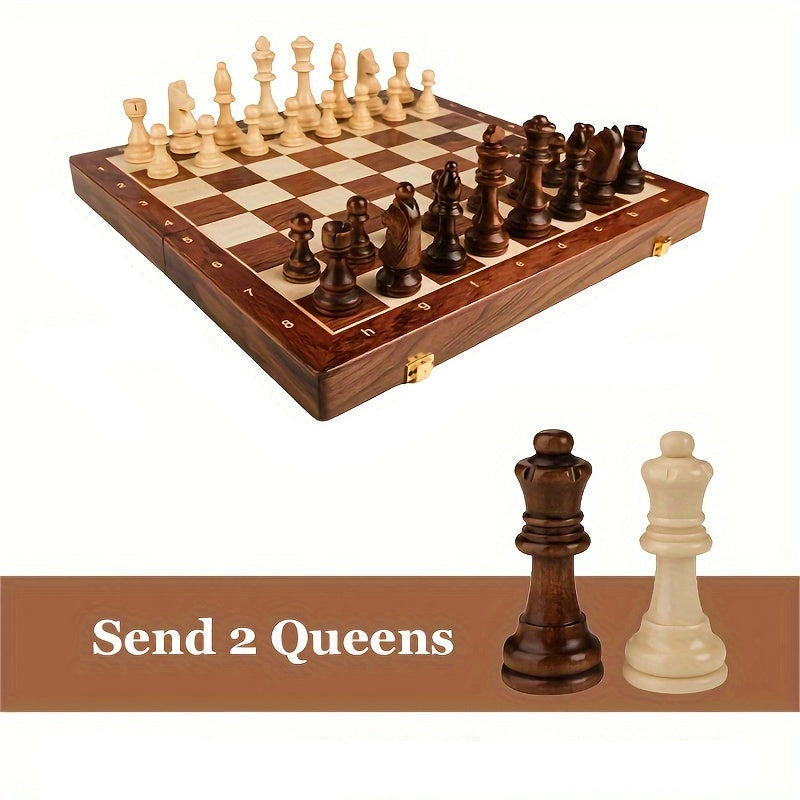 Solid Wood Chess Set 15.7 in Folding Board Hand-Carved Tournament Pieces Strategy Game for Home Office Living Room
