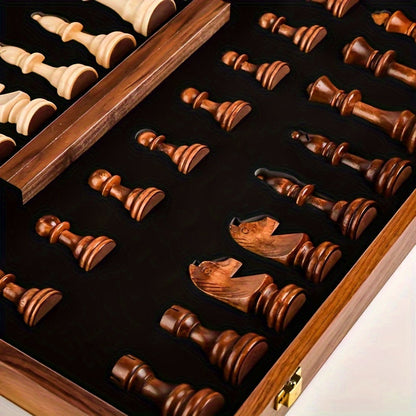 Solid Wood Chess Set 15.7 in Folding Board Hand-Carved Tournament Pieces Strategy Game for Home Office Living Room