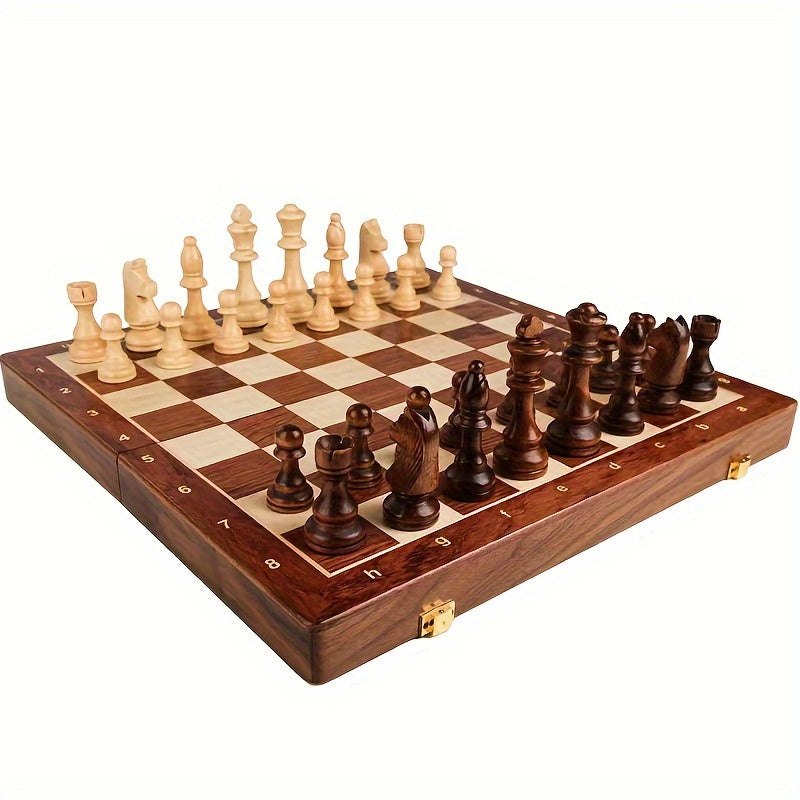 Solid Wood Chess Set 15.7 in Folding Board Hand-Carved Tournament Pieces Strategy Game for Home Office Living Room