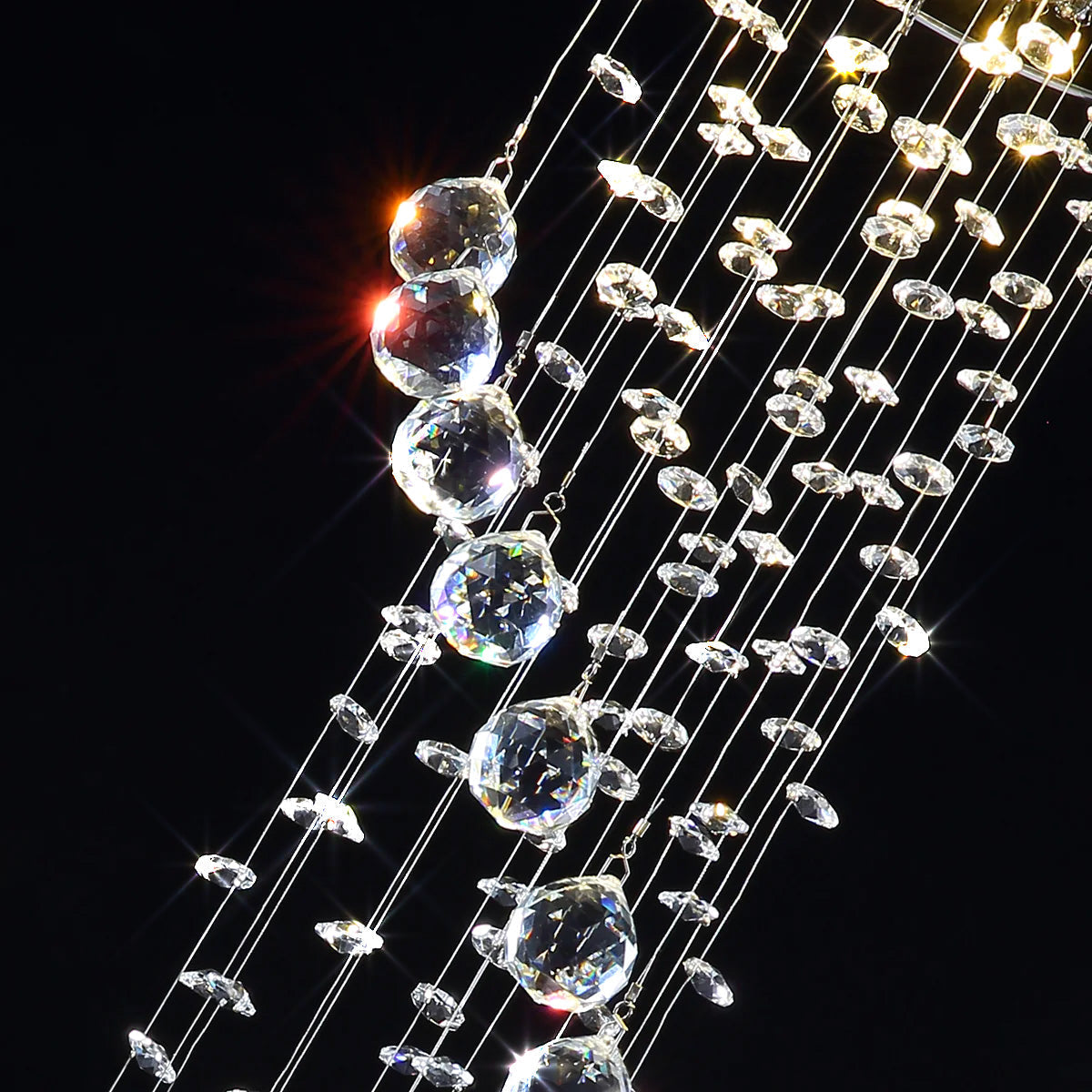 Hanging Raindrop Chandelier with Multi-Tier Clear Faceted Beads & Polished Metal Canopy for Foyer & Stairwell