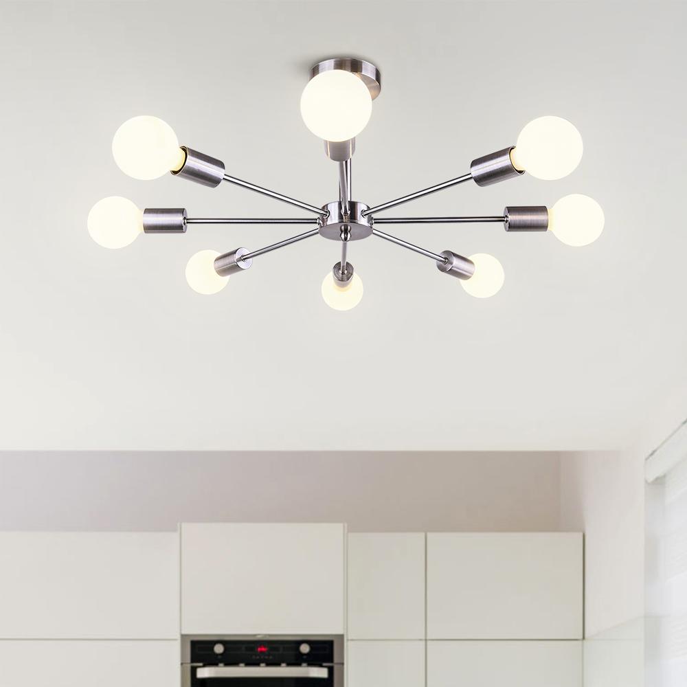 Eight-Arm Metal Pendant Light 24 in Black Brass Chrome Nickel Multi-Bulb Semi-Flush Fixture for Dining Room Kitchen Living Room Contemporary