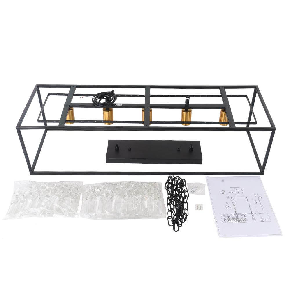 Linear Five-Light Hanging Fixture Black Metal Crystal Glass 35 inch for Kitchen Island Dining Room Table Adjustable Drop Ceiling Lamp Modern