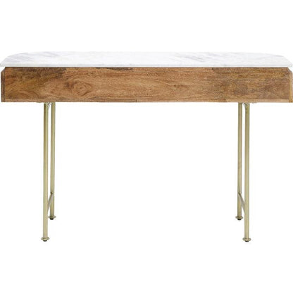 Entryway Table with Marble Top 39 in Natural Mango Wood Gold Metal Base 2 Drawers for Foyer Living Room Bedroom Storage Hallway Furniture