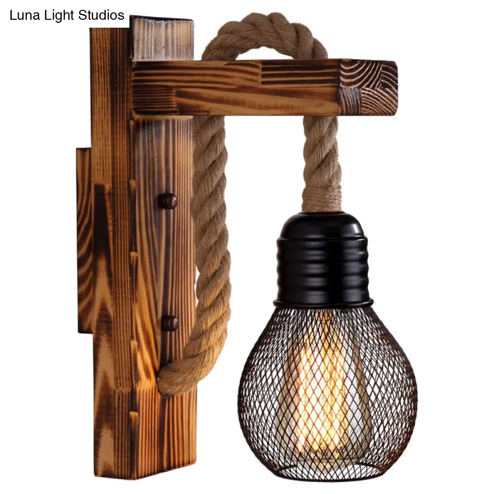 Rustic Wood Wall Sconce with Metal Cage and Rope Accent for Bedroom, Hallway, Living Room – E26 Socket Indoor Lighting Fixture