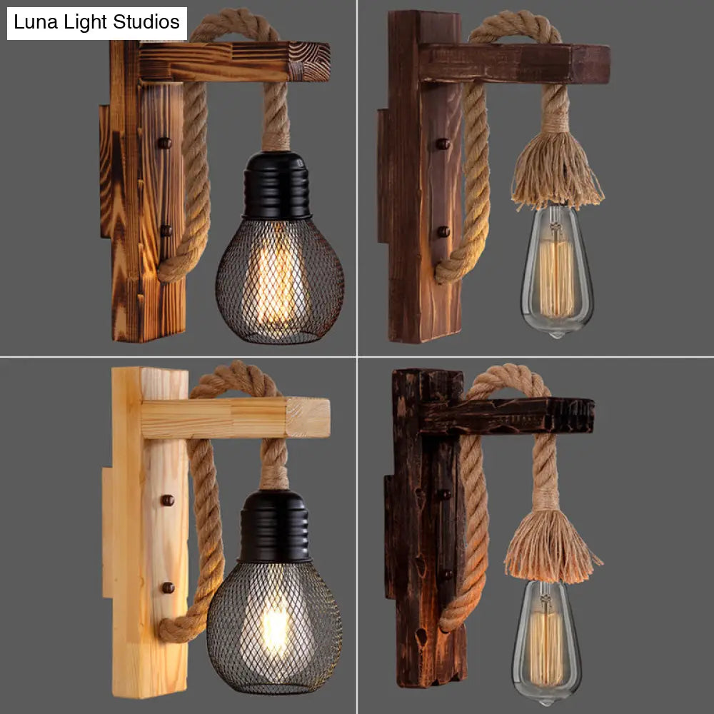 Rustic Wood Wall Sconce with Metal Cage and Rope Accent for Bedroom, Hallway, Living Room – E26 Socket Indoor Lighting Fixture