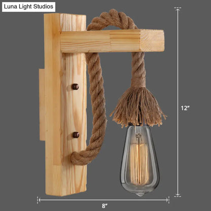Rustic Wood Wall Sconce with Metal Cage and Rope Accent for Bedroom, Hallway, Living Room – E26 Socket Indoor Lighting Fixture