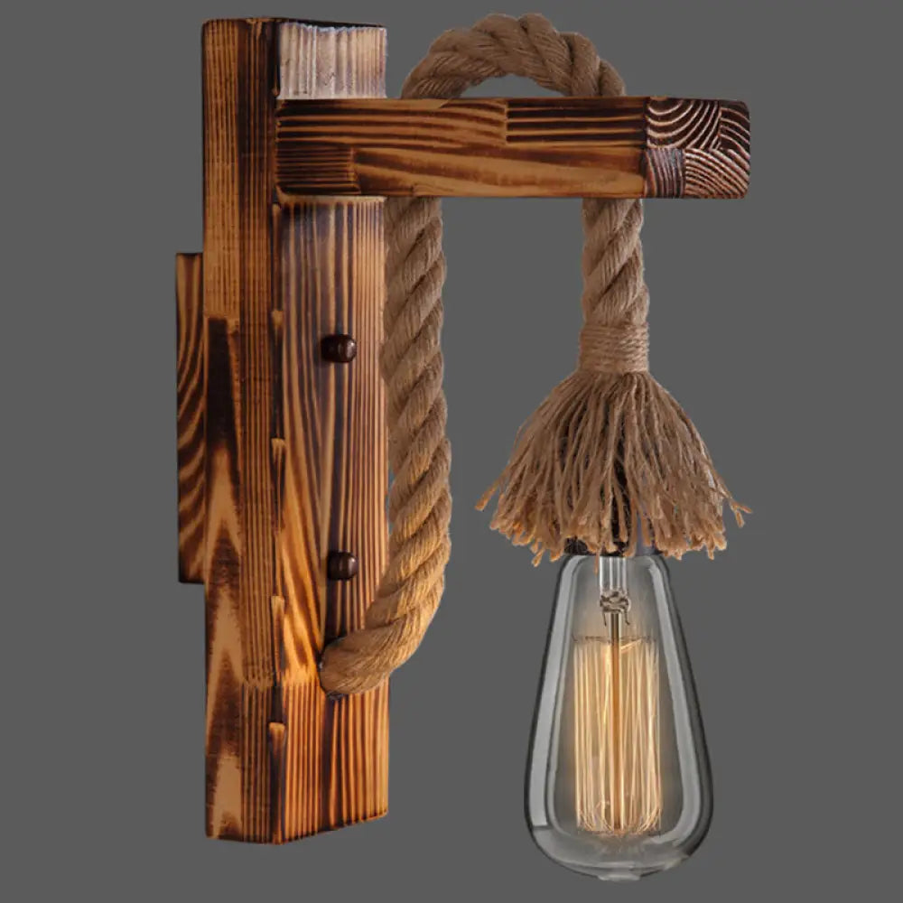 Rustic Wood Wall Sconce with Metal Cage and Rope Accent for Bedroom, Hallway, Living Room – E26 Socket Indoor Lighting Fixture