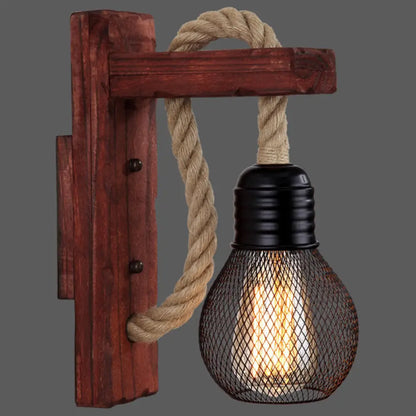 Rustic Wood Wall Sconce with Metal Cage and Rope Accent for Bedroom, Hallway, Living Room – E26 Socket Indoor Lighting Fixture