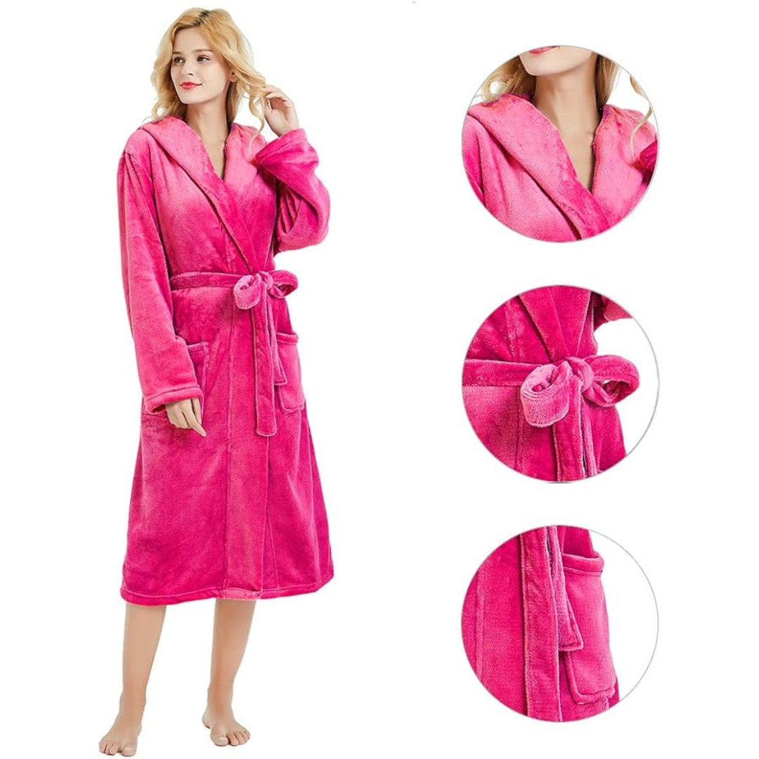 Hooded Fleece Robe for Women Long Soft Plush Loungewear with Pockets Cozy Warm Bathrobe for Lounging Relaxing Sleepwear Gift for Her Cold We