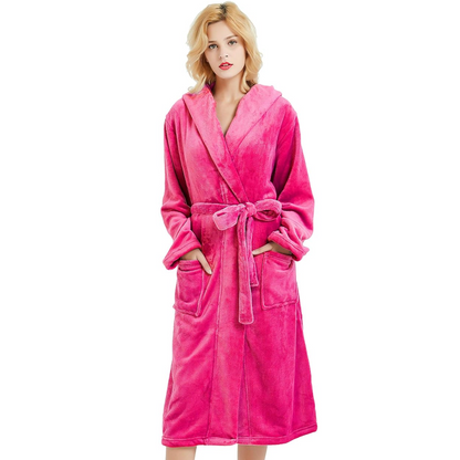 Hooded Fleece Robe for Women Long Soft Plush Loungewear with Pockets Cozy Warm Bathrobe for Lounging Relaxing Sleepwear Gift for Her Cold We