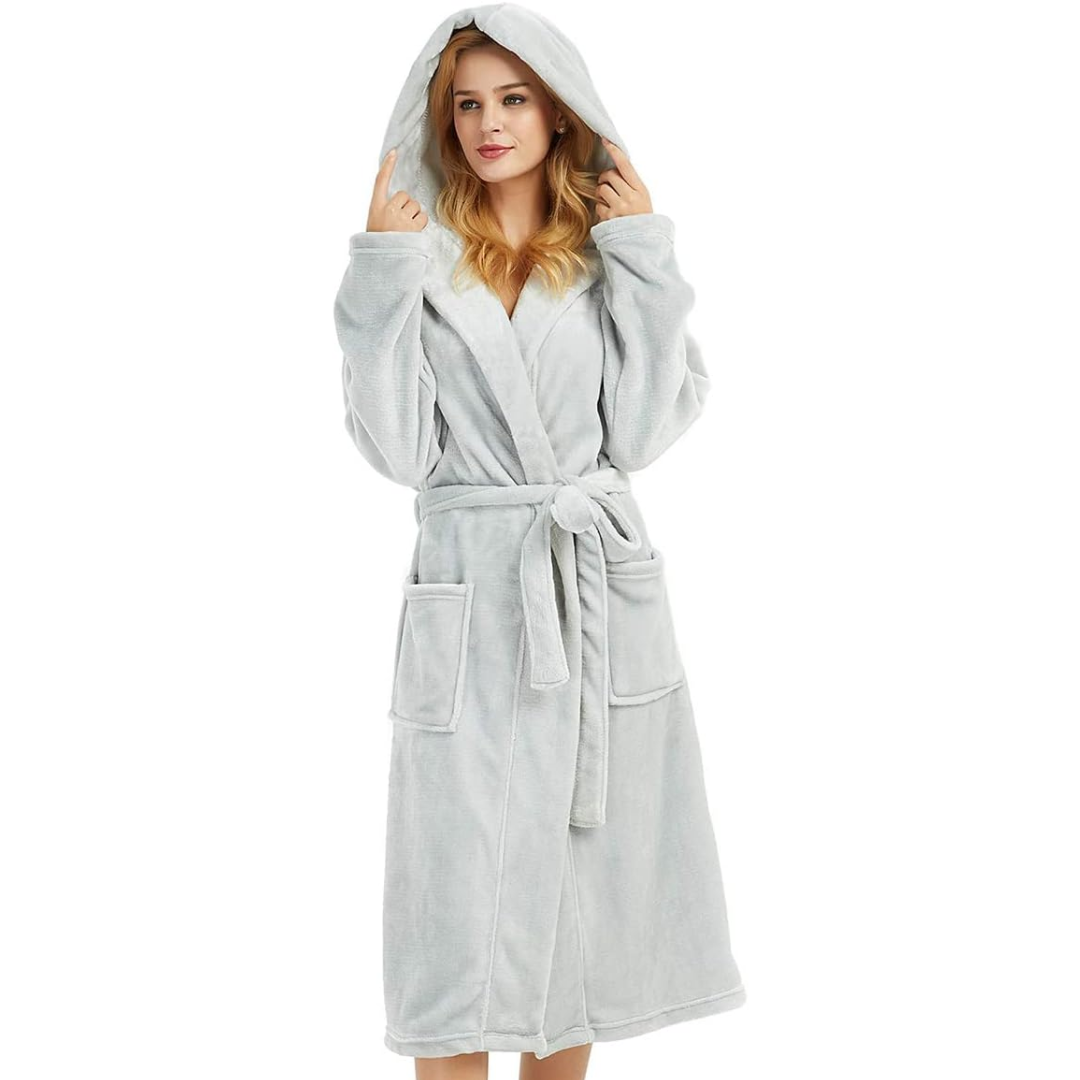 Hooded Fleece Robe for Women Long Soft Plush Loungewear with Pockets Cozy Warm Bathrobe for Lounging Relaxing Sleepwear Gift for Her Cold We