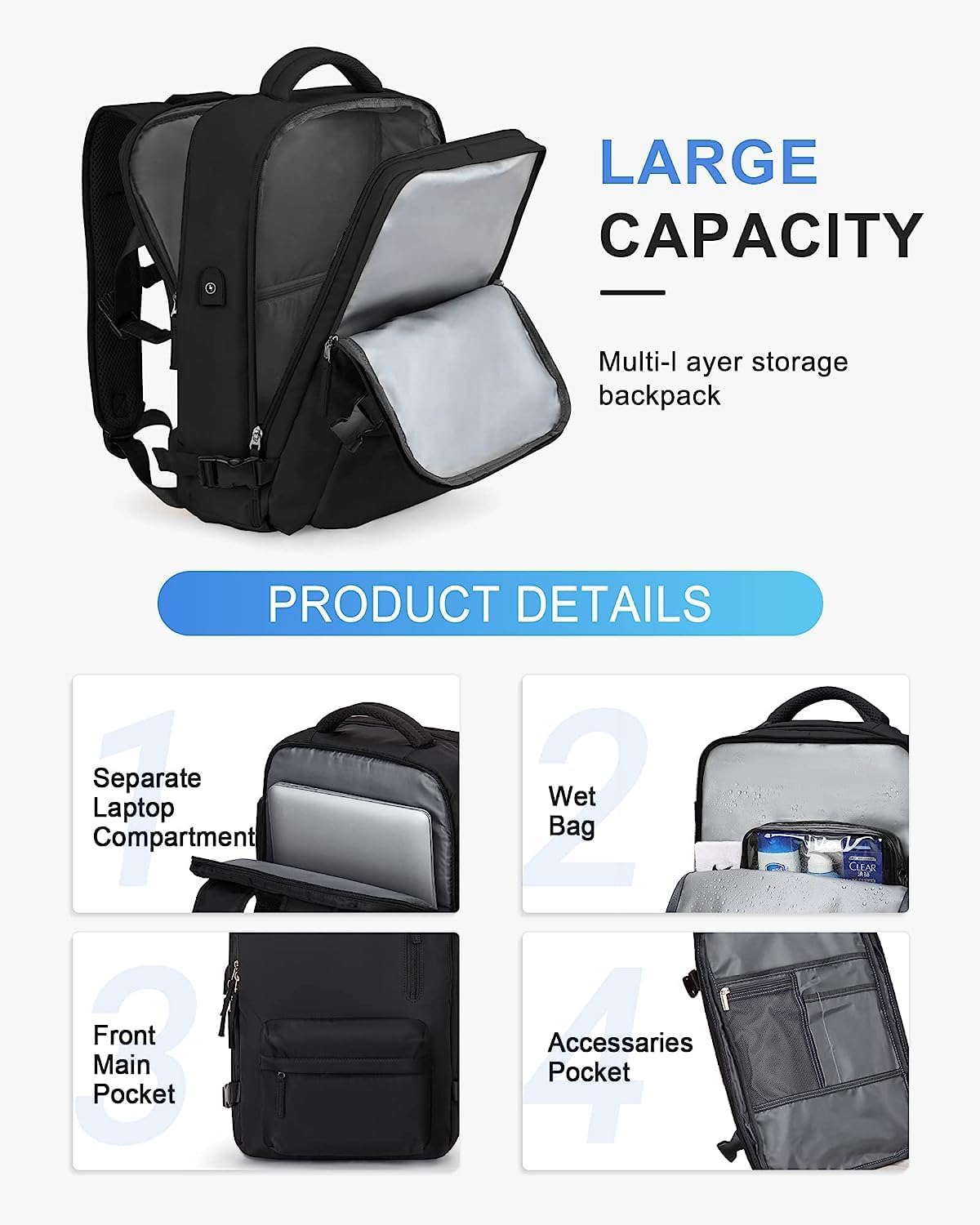 Large Travel Backpack 40L with Laptop Sleeve and Dedicated Shoe Section for Weekend Trips, Hiking & Daily Use