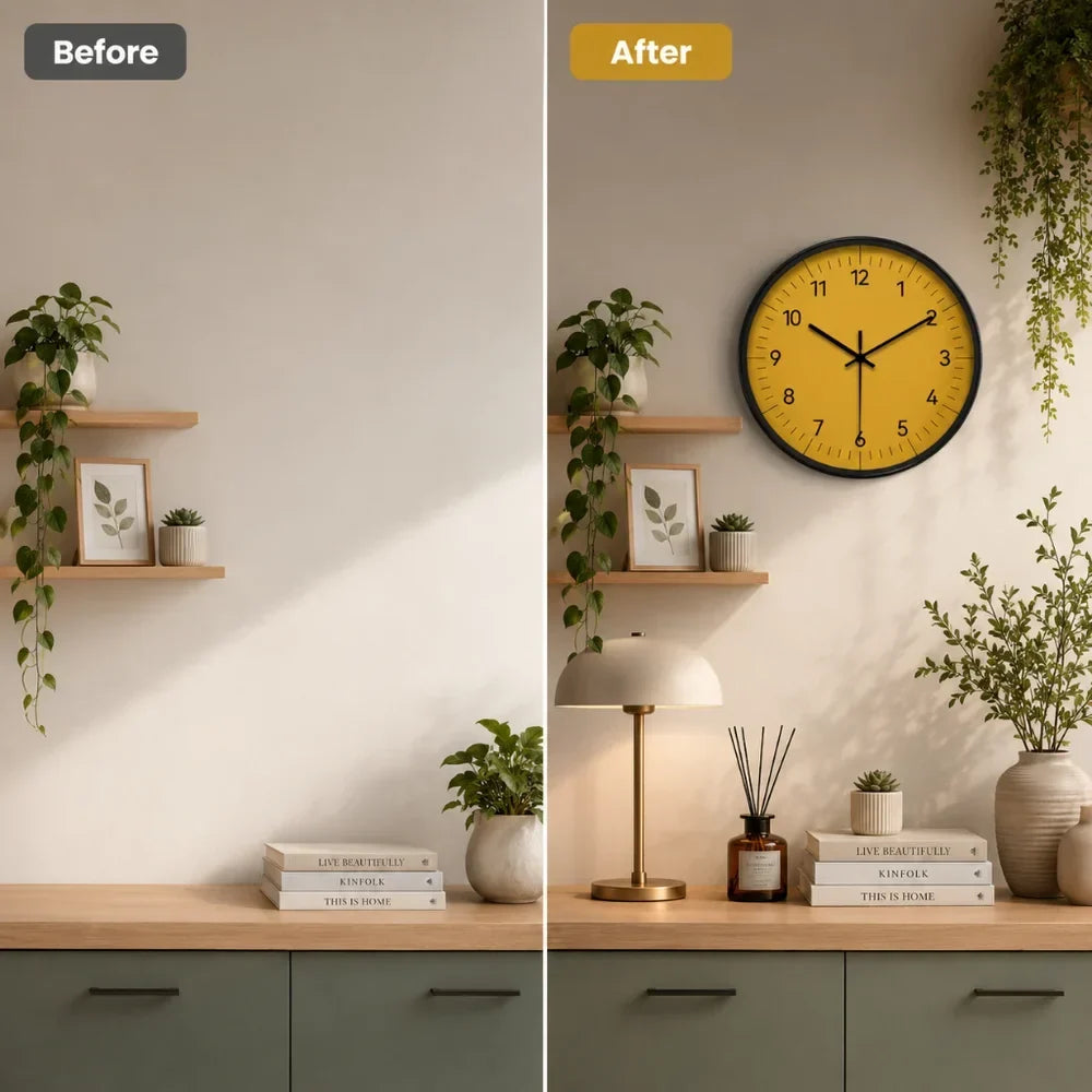 Round Wall Clock 10-14 Inch Silent Sweep Yellow Minimalist Analogue for Bedroom Living Room Office Home Decor
