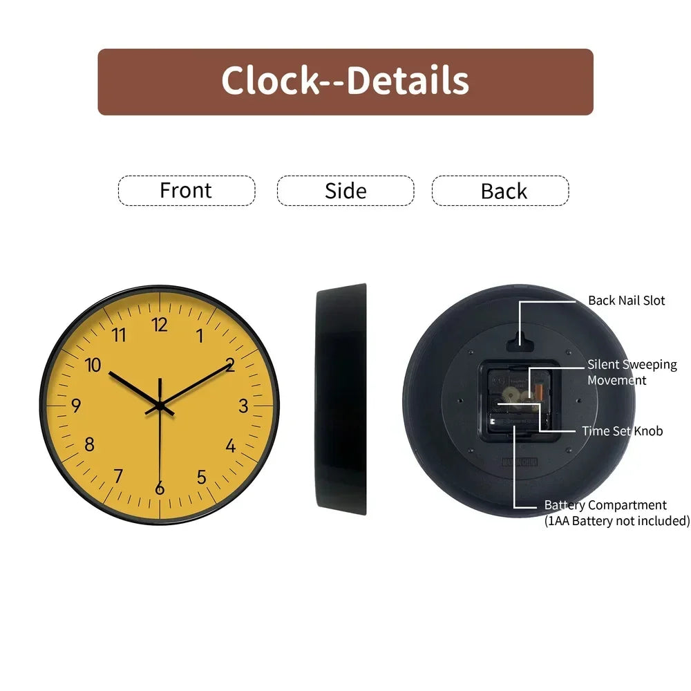 Round Wall Clock 10-14 Inch Silent Sweep Yellow Minimalist Analogue for Bedroom Living Room Office Home Decor