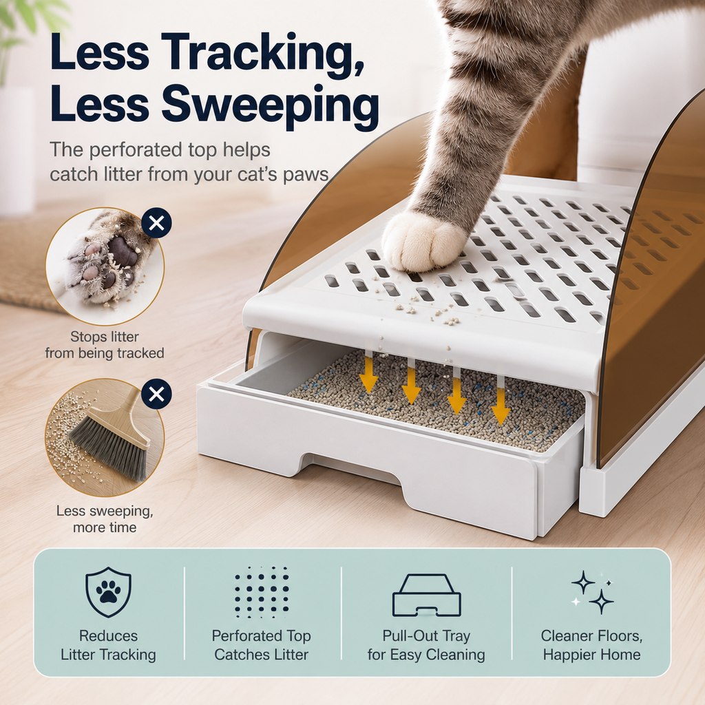 Ortekor Adjustable Cat Litter Box Step with Pull-Out Tray for Cleaner Floors
