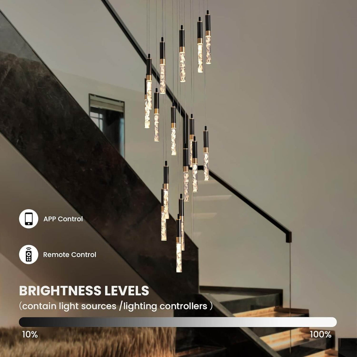 Cascading Crystal LED Ceiling Light 20 in Wide Adjustable Drop to 118 in Black Metal Frame Entryway Stairwell Multi-Story Fixture Dimmable R