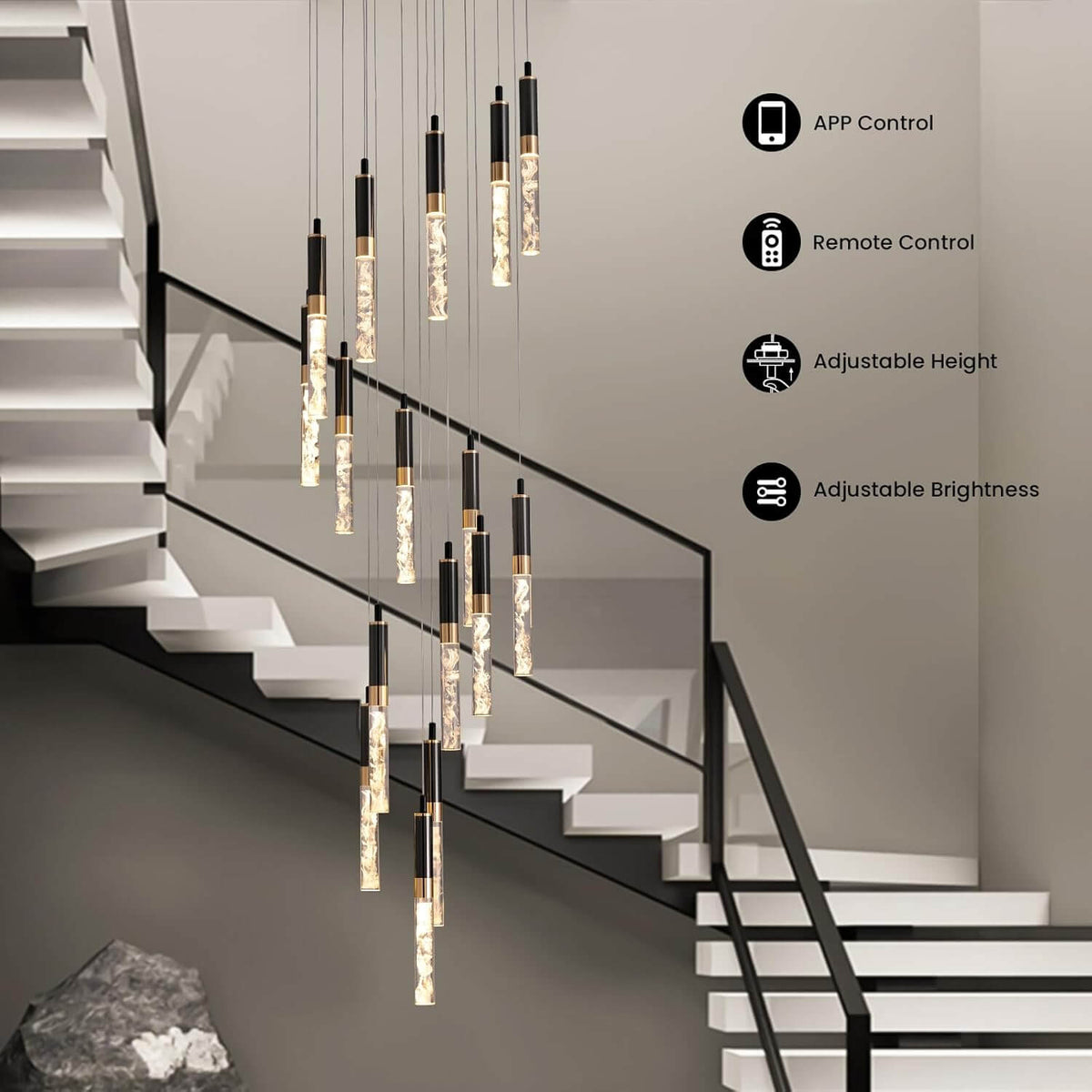 Cascading Crystal LED Ceiling Light 20 in Wide Adjustable Drop to 118 in Black Metal Frame Entryway Stairwell Multi-Story Fixture Dimmable R