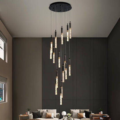 LED Crystal Spiral Drop Light for Two-Story Foyer & Staircase - Adjustable 118 in Height, Black Finish, Remote Control, Multi-Tier Waterfall